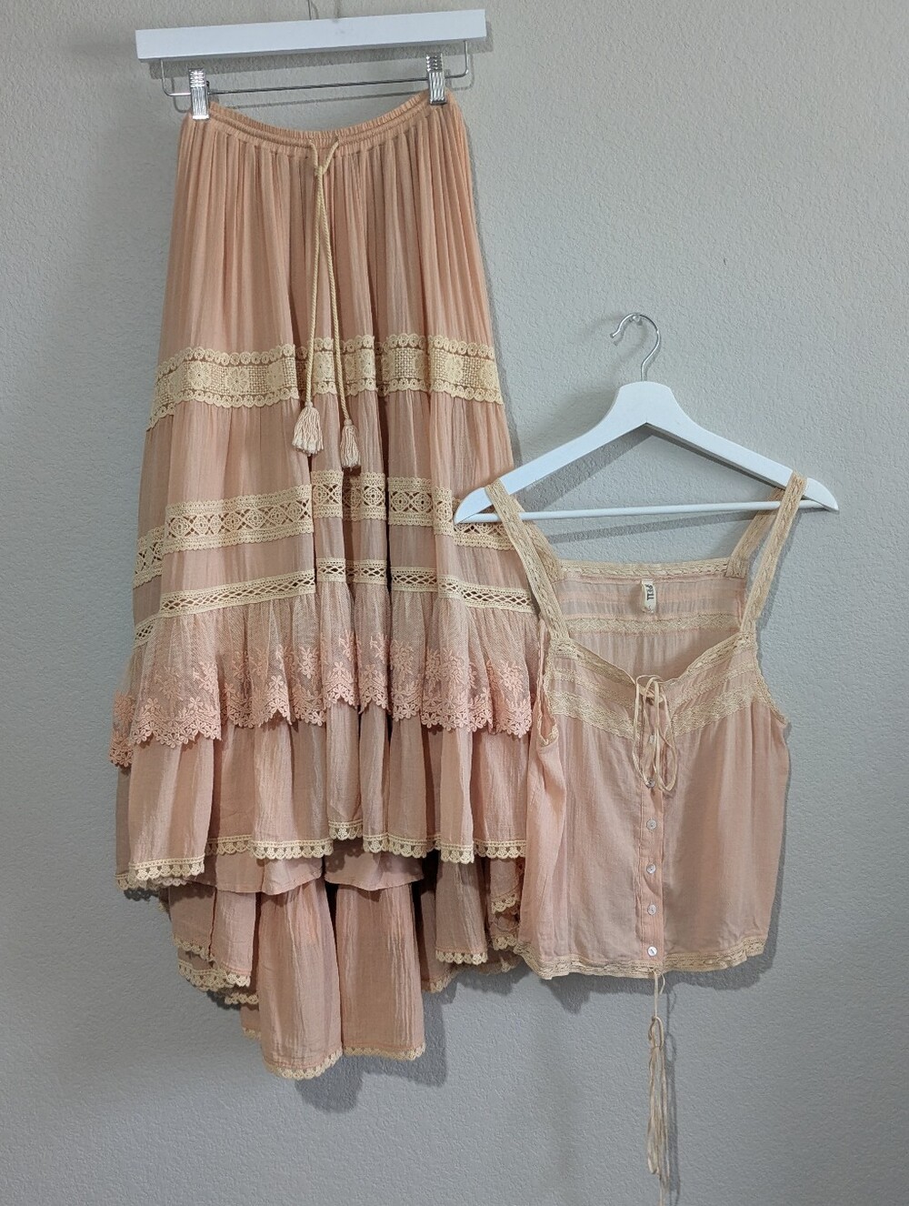 Spell Designs Prairie Lace Tiered Skirt Set Top Boho Peach Lace Cami Tank Top